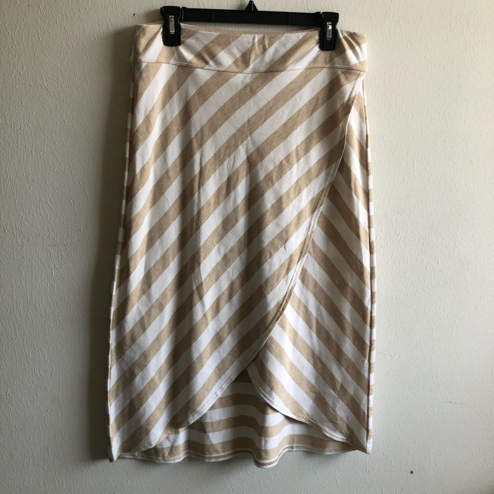 Athleta Skirt Ribbon Stripe Faux Wrap Midi Skirt Tan & Cream Sz M GUC - Picture 2 of 12